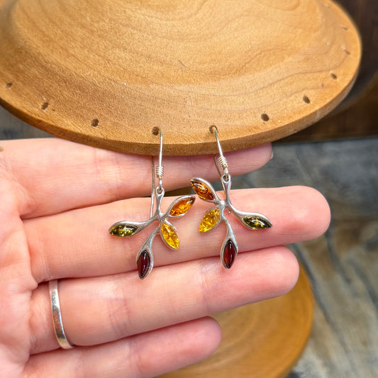 Beautiful Sterling Silver Multi Coloured Amber Leaf Earrings