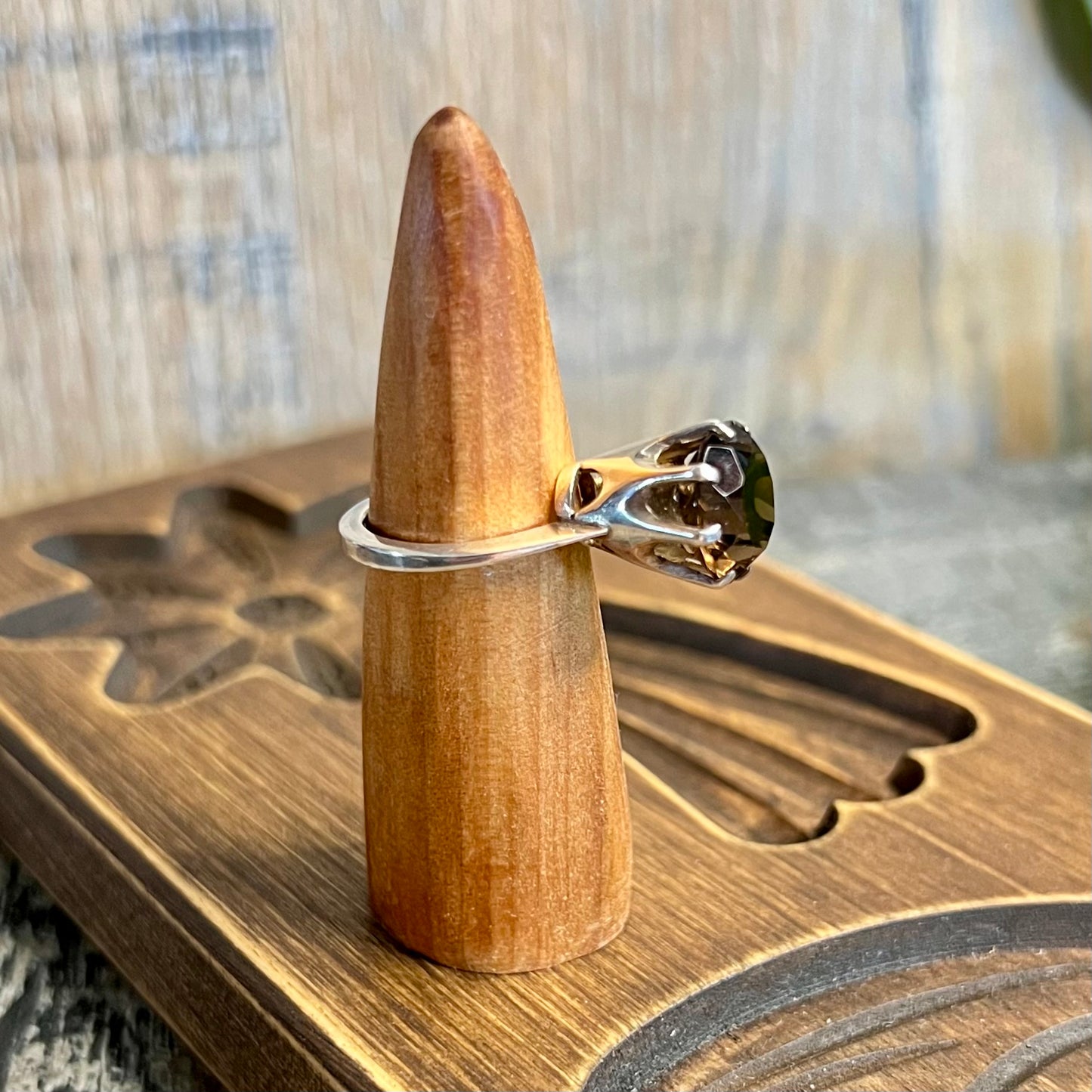 Chunky Modernist Style Sterling Silver Smoky Quartz Birmingham 1983 Hallmark Ring Size L