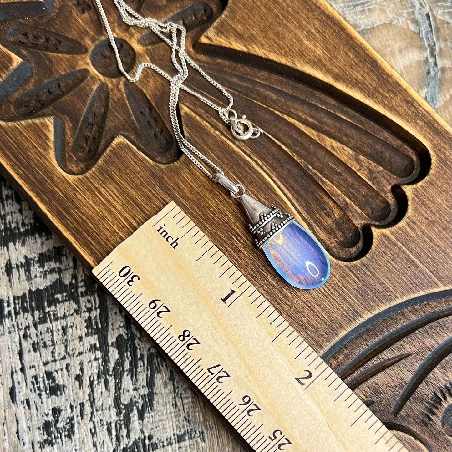 Sterling Silver Bali Ornate Opalite Drop Pendant Necklace