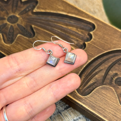 Beautiful Sterling Silver Moonstone Cube Simple Drop Earrings