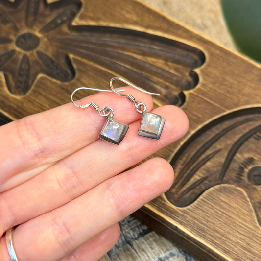 Beautiful Sterling Silver Moonstone Cube Simple Drop Earrings