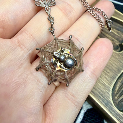Spooky Vintage Victoriana Sterling Silver Hanging Cobweb Spider Necklace