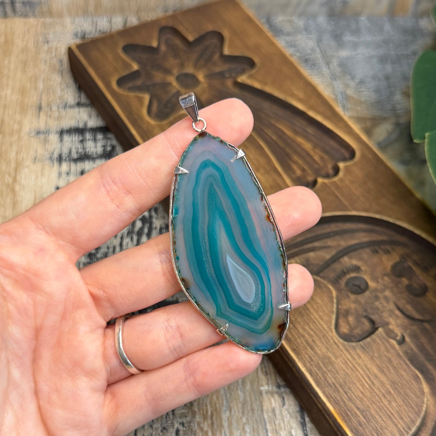 Dreamy Canadian Blue Agate Chunky Silver Tone Pendant