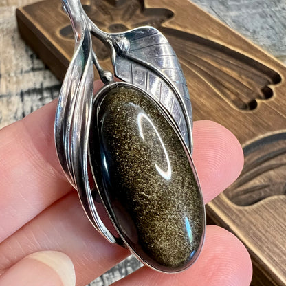 Beautiful Sterling Silver Floral Golden Obsidian Pendant