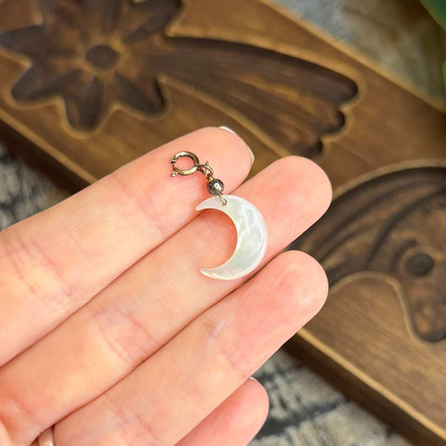 Dreamy Mother of Pearl Sterling Silver Oxidised Moon Charm