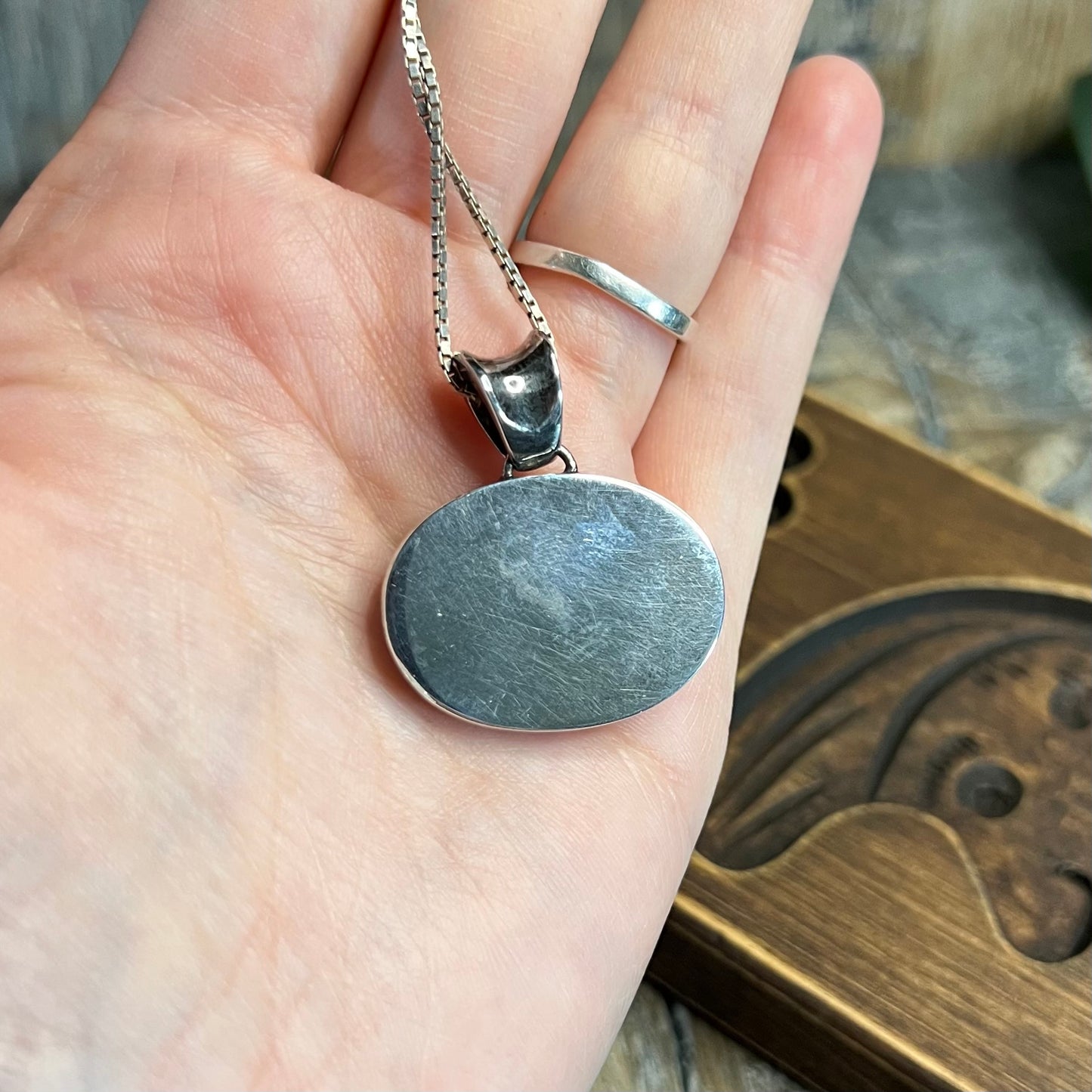 Chunky Sterling Silver Abalone Shell Solid Pendant Necklace
