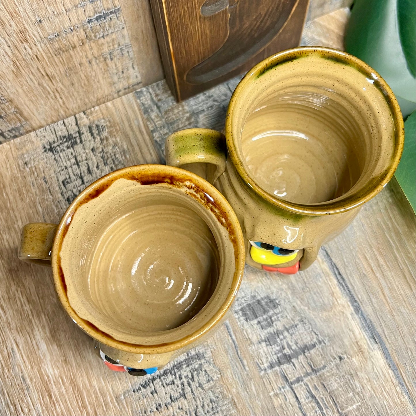 Vintage Pretty Ugly Pottery Face Glazed Stoneware Set of 2 Mugs