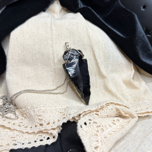 Magical Raw Black Obsidian Wire Wrapped Arrowhead with Sterling Silver 26 Inch Chain