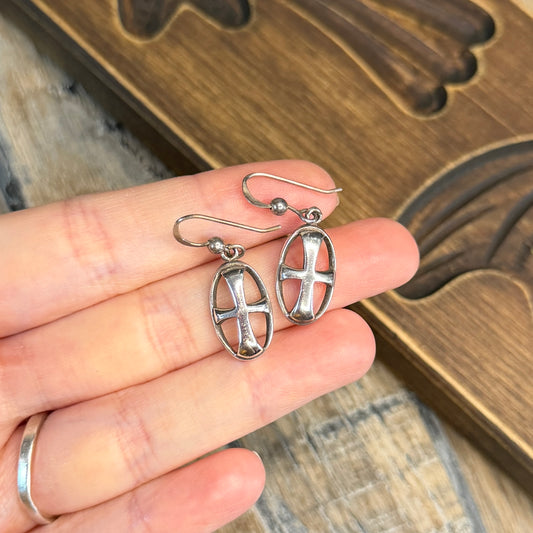 Vintage Gothic Sterling Silver Cross Shield Drop Earrings