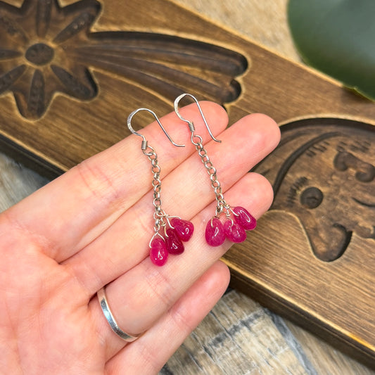 Stunning Sterling Silver Ruby Cluster Drop Earrings