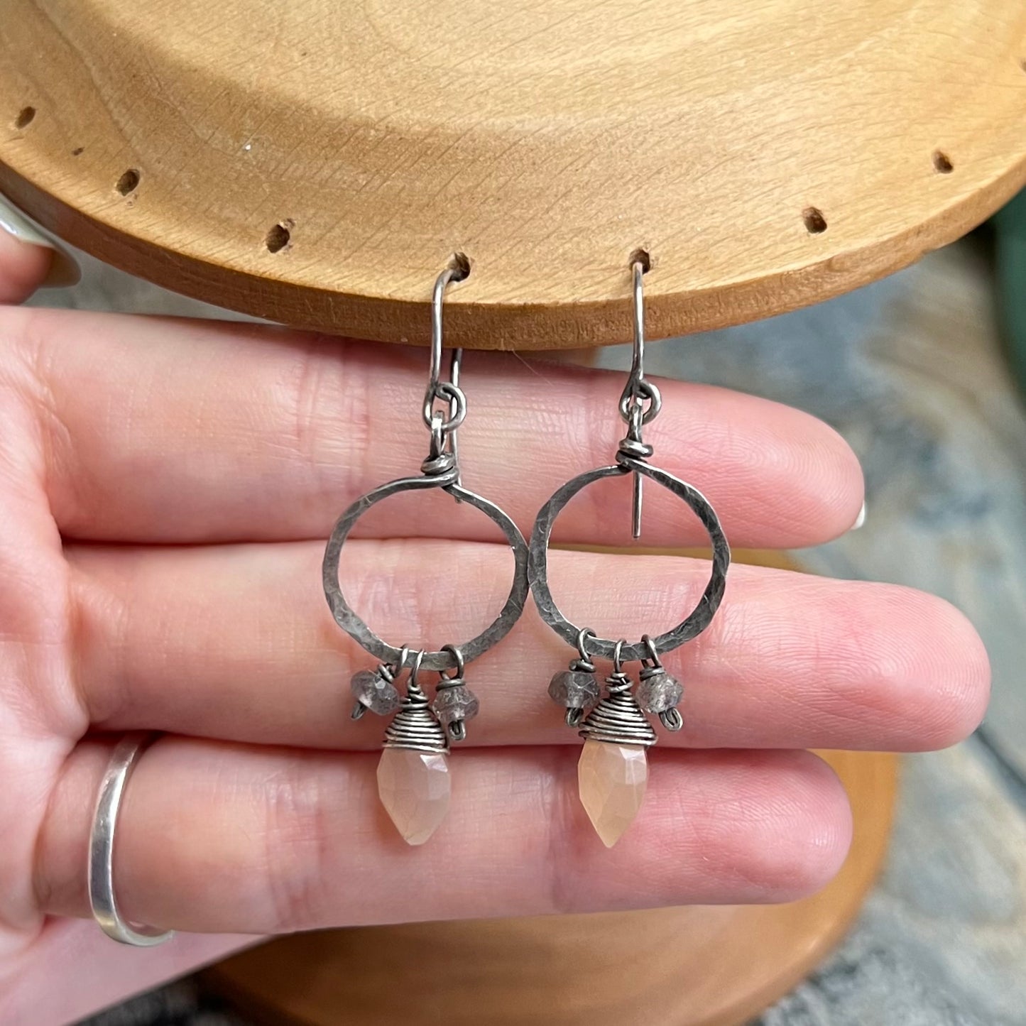 Whimsy Artisan Sterling Silver Peach Moonstone Labradorite Gemstone Earrings