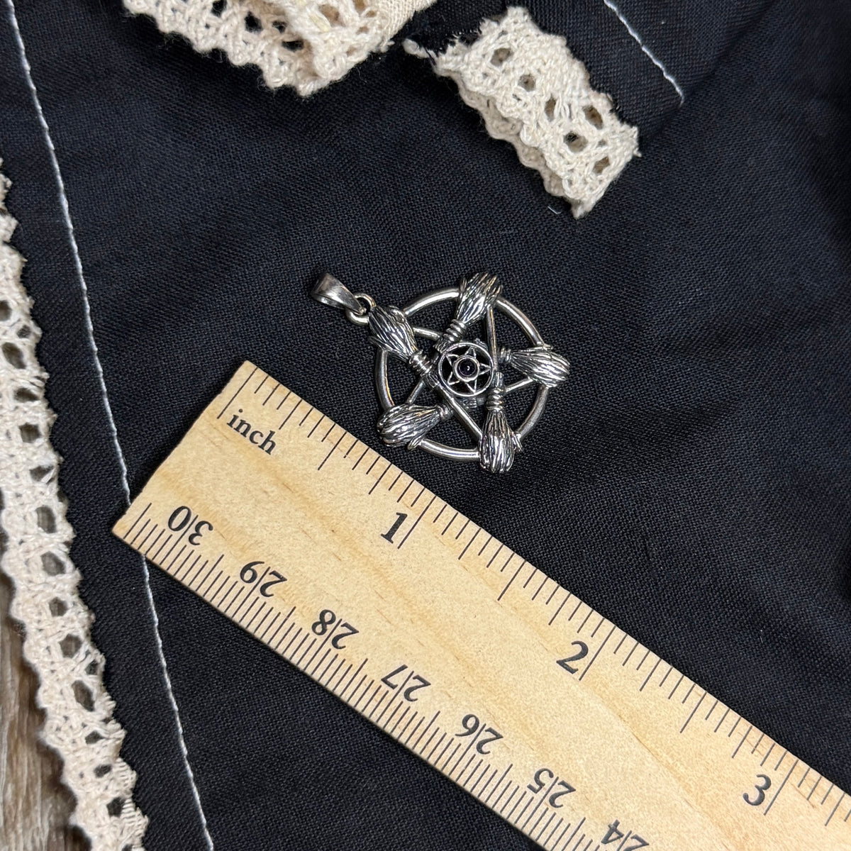 Spooky Sterling Silver Amethyst Witches Broom Pentacle Pendant