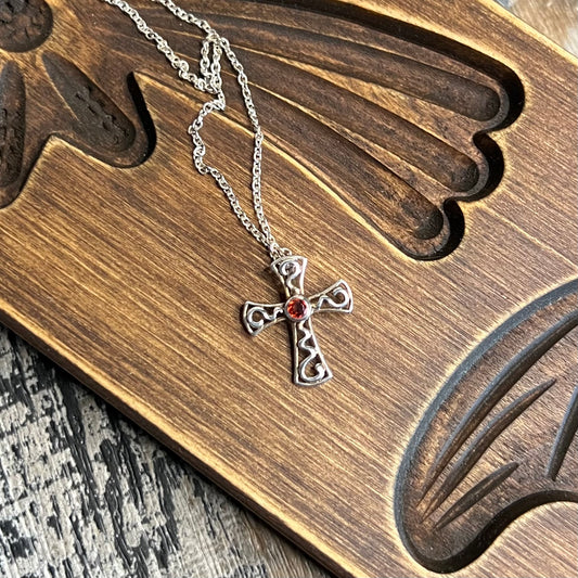 Sterling Silver Garnet Celtic / Gothic Ornate Pendant Necklace