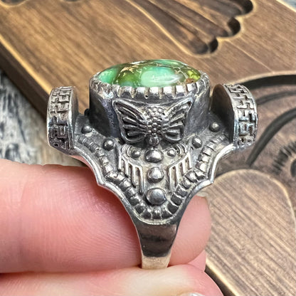 Stunning Sterling Silver Tibetan Green Turquoise Moth / Butterfly Saddle Ring Size Q
