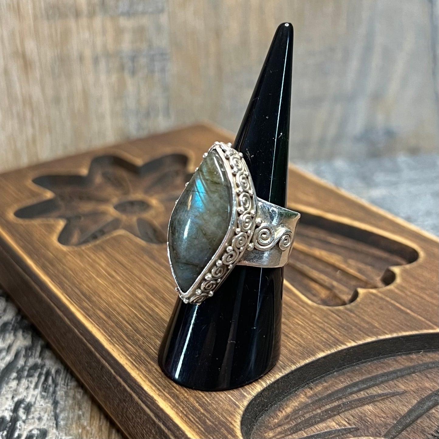 Dreamy Sterling Silver Sajen Ornate Labradorite Ring Size L 1/2 Adjustable