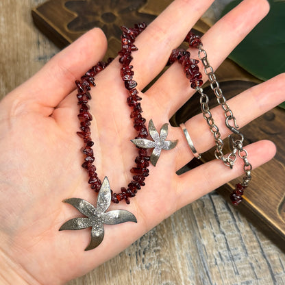 Whimsy Sterling Silver Designer Abstract Flower Garnet Strand Necklace