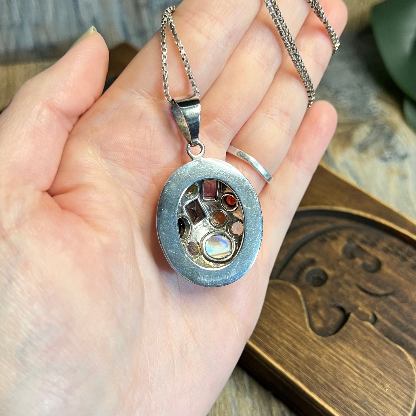 Modernist Sputnik Style Sterling Silver Chunky Multi Gemstone Pendant Necklace