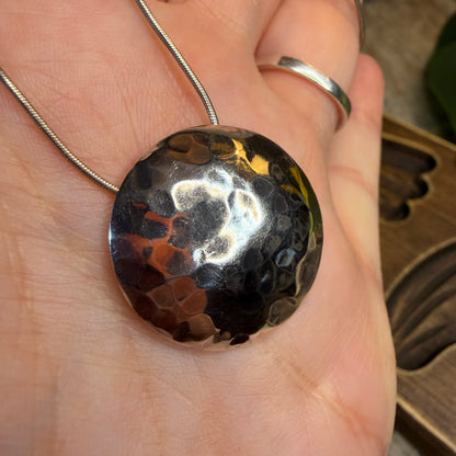 Dreamy Sterling Silver Artisan Hammered Moon Modernist Pendant Necklace