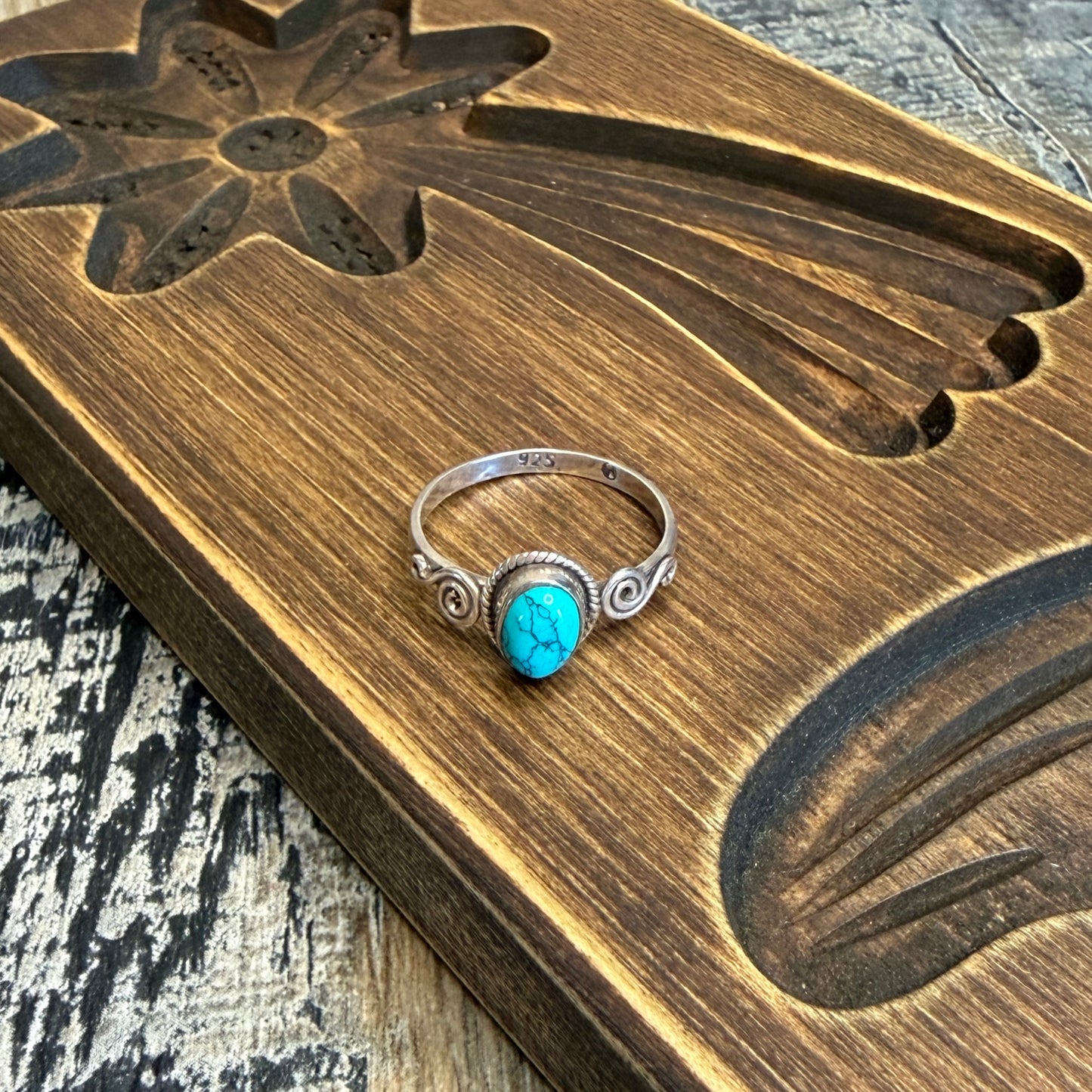 Dreamy Sterling Silver Delicate Spiral Turquoise Ring Size N