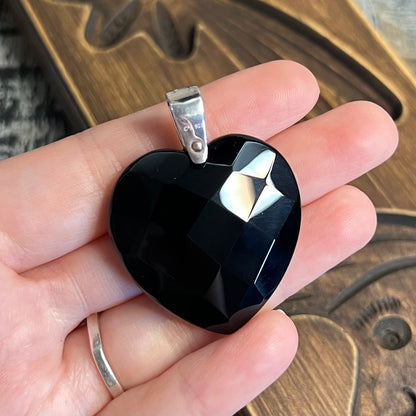 Beautiful Designer Chataeu D’Argent Faceted Black Onyx Heart Sterling Silver Clip Bail Pendant