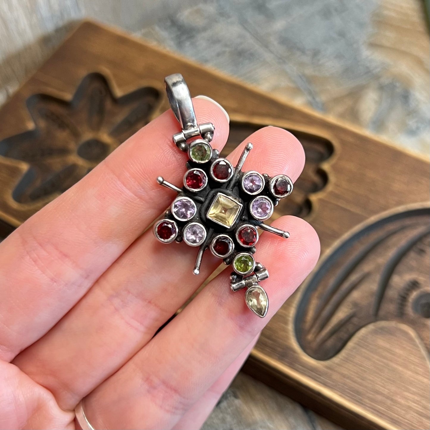 Dreamy Sterling Silver Multi Gemstone Cross Pendant