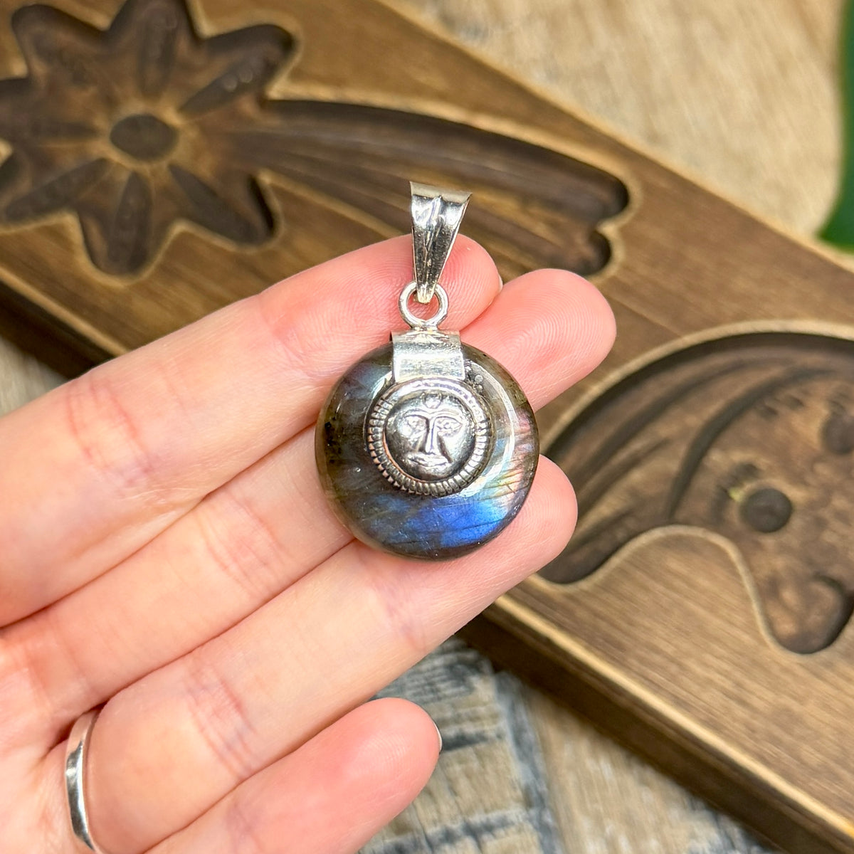 Celestial Sterling Silver Labradorite Sun Face Pendant