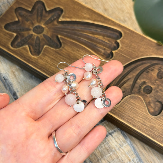 Dreamy Sterling Silver Pearl / Rose Quartz / Mother of Pearl Cluster Drop Earrings