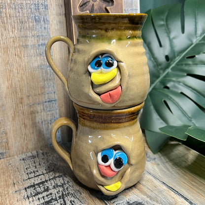 Vintage Pretty Ugly Pottery Face Glazed Stoneware Set of 2 Mugs