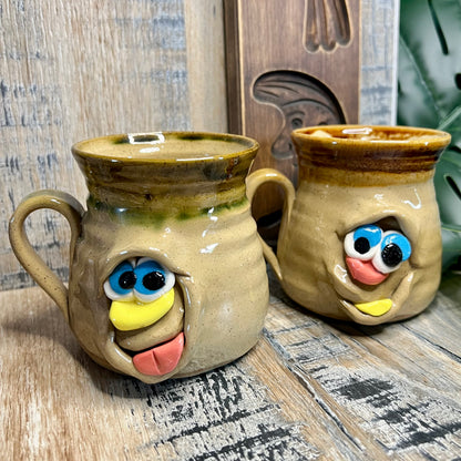 Vintage Pretty Ugly Pottery Face Glazed Stoneware Set of 2 Mugs