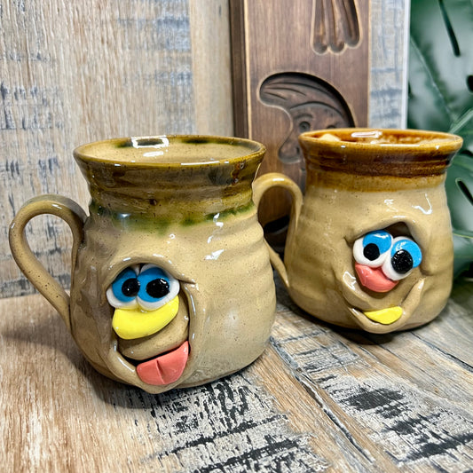 Vintage Pretty Ugly Pottery Face Glazed Stoneware Set of 2 Mugs