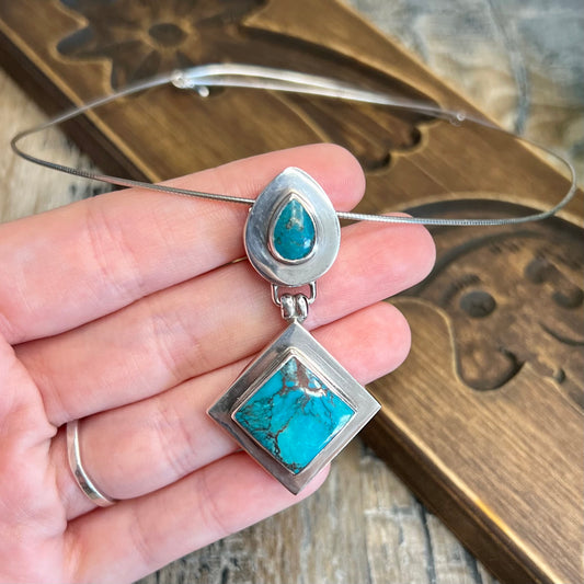 Chunky Sterling Silver Turquoise Modernist Pendant Necklace