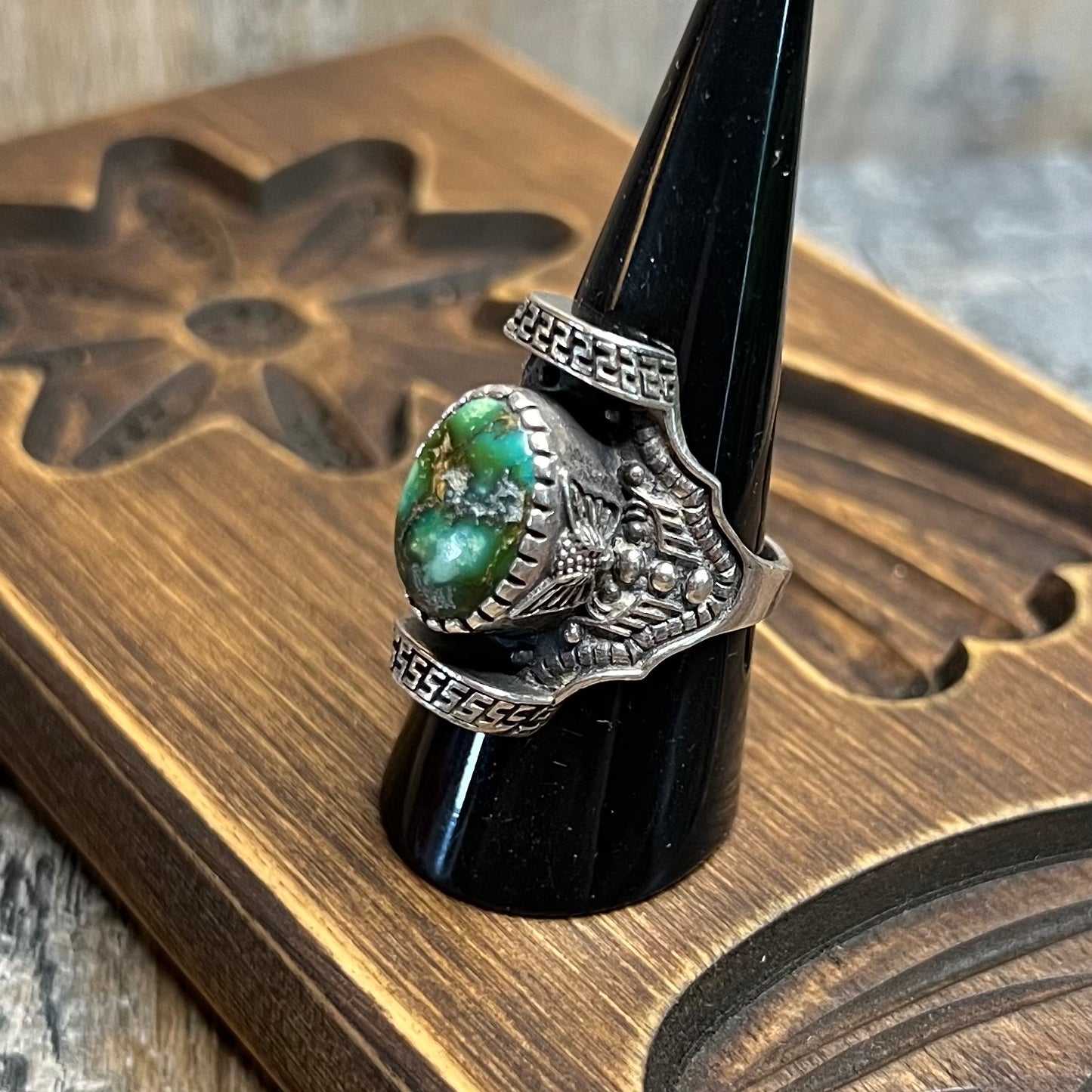 Stunning Sterling Silver Tibetan Green Turquoise Moth / Butterfly Saddle Ring Size Q