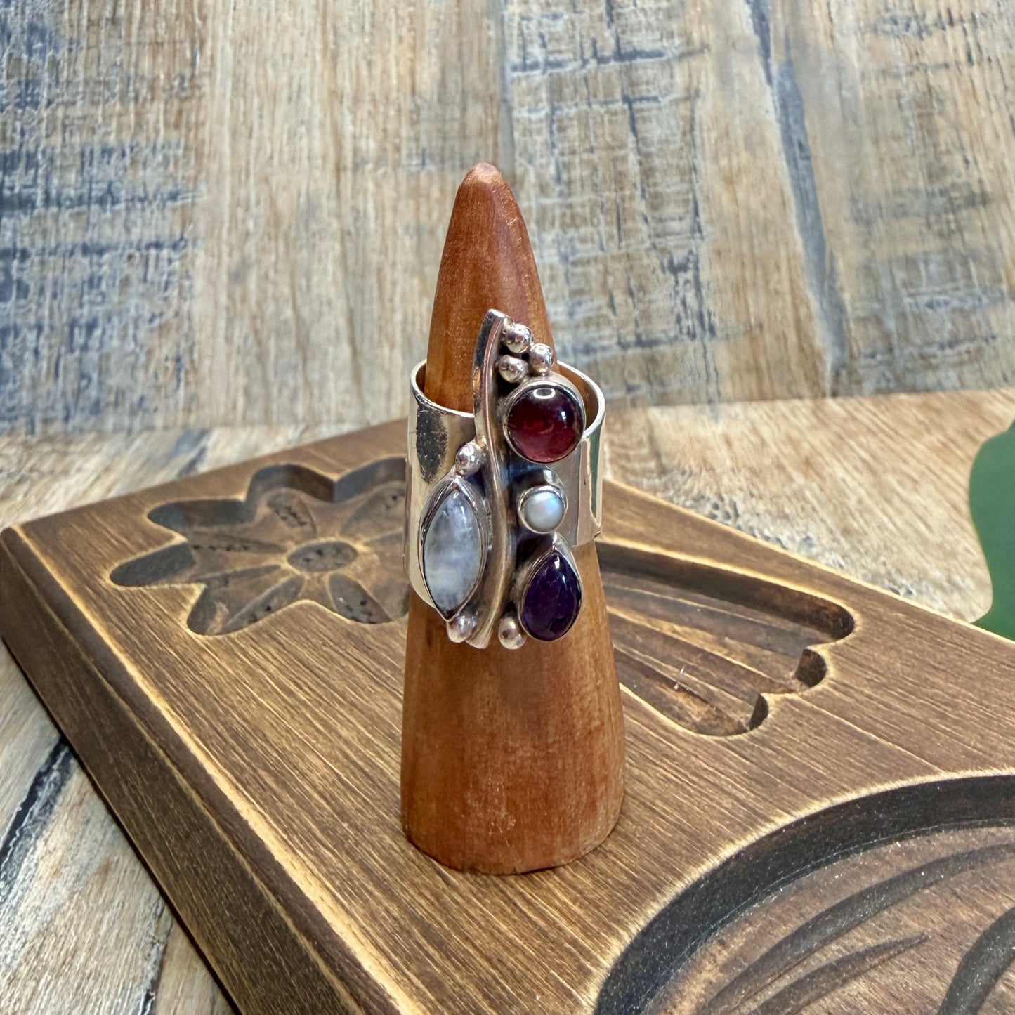 Whimsy Sterling Silver Chunky Multi Gemstone Adjustable Ring size P