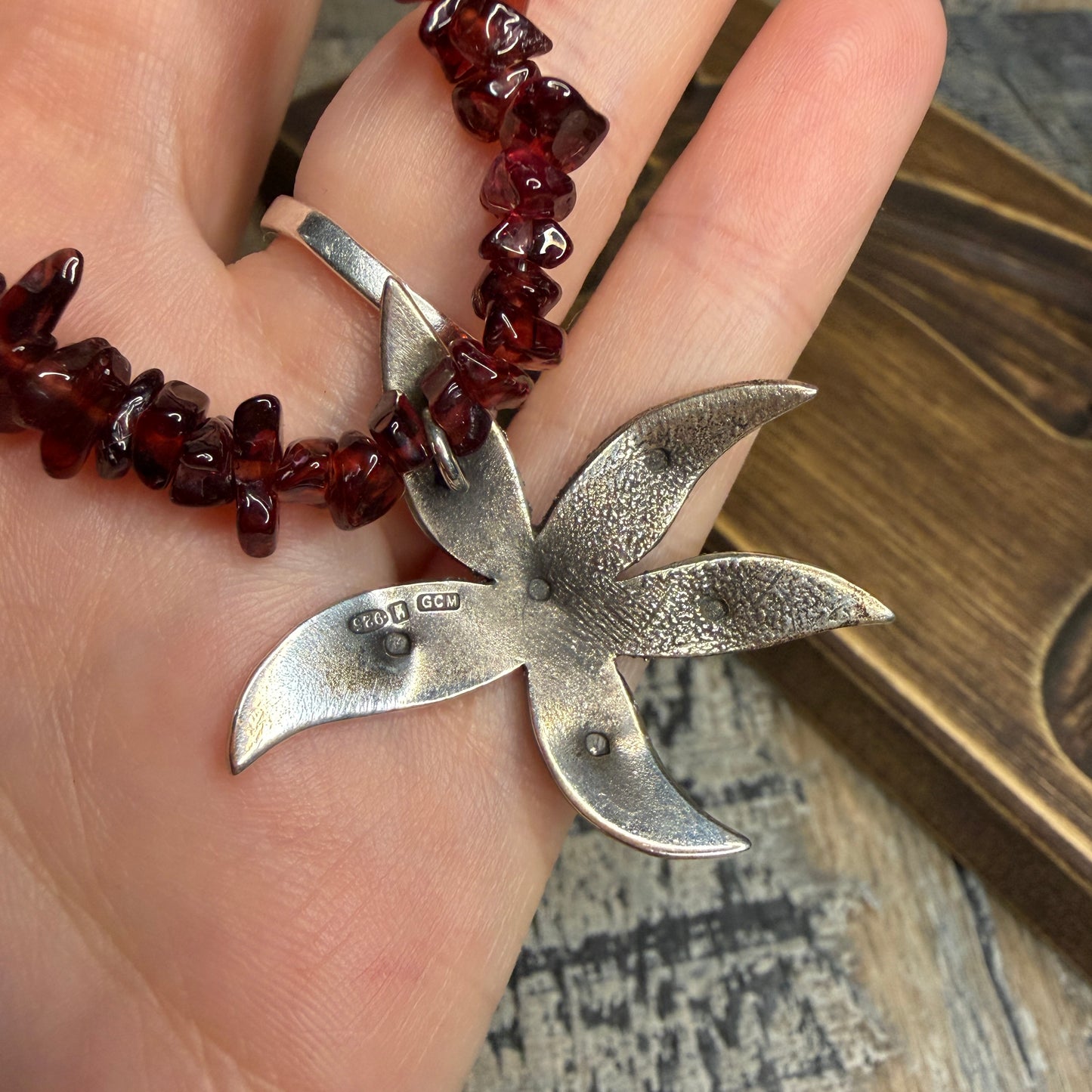 Whimsy Sterling Silver Designer Abstract Flower Garnet Strand Necklace