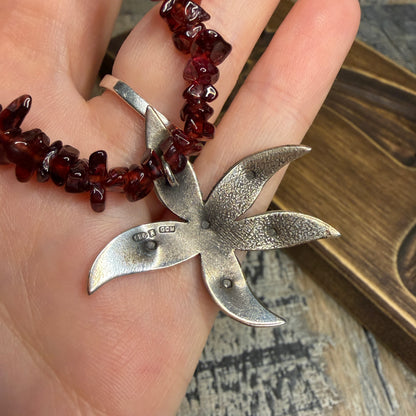 Whimsy Sterling Silver Designer Abstract Flower Garnet Strand Necklace