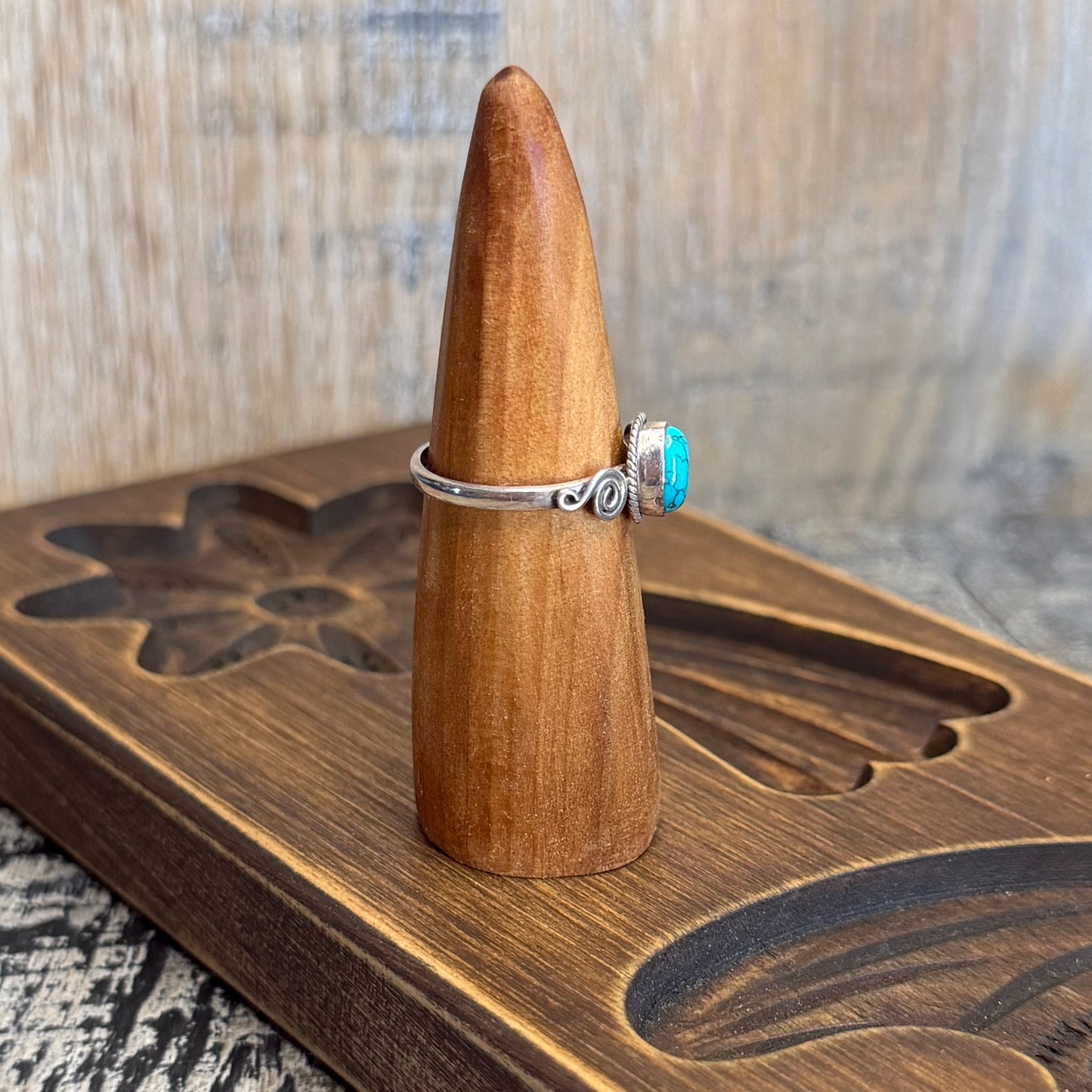 Dreamy Sterling Silver Delicate Spiral Turquoise Ring Size N