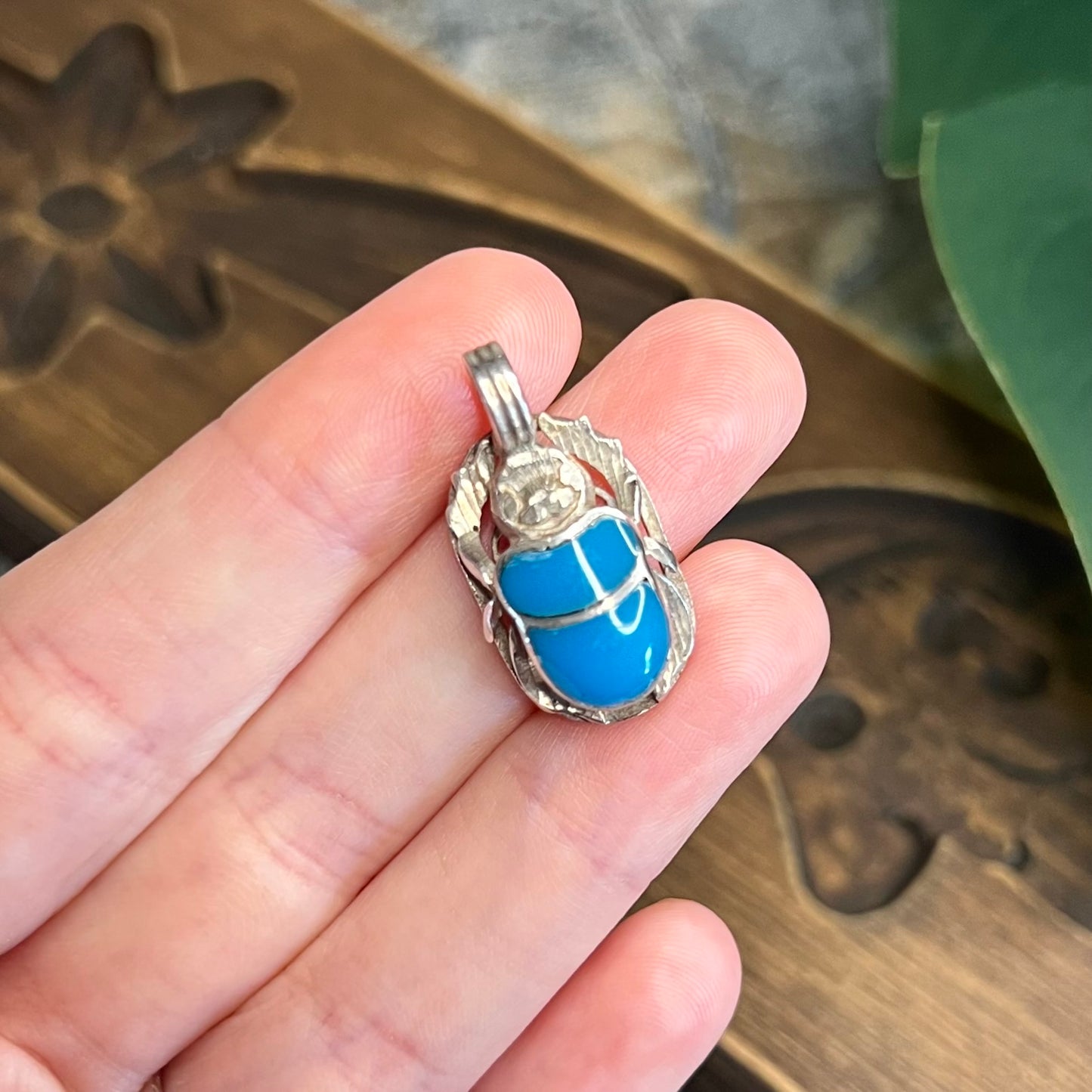 Beautiful Sterling Silver Turquoise Inlaid Scarab Beetle Pendant Charm