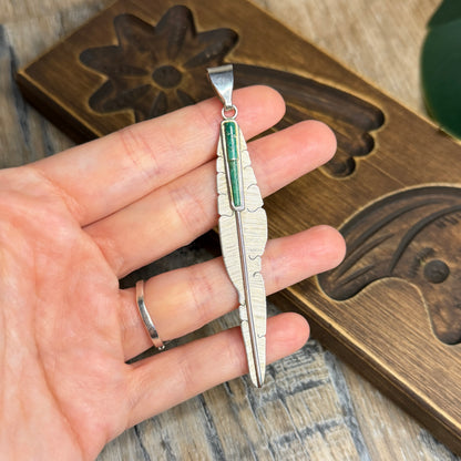 Stunning Large Navajo Michael Kirk Isleta Pueblo Inlaid Green Turquoise Sterling Silver Feather Pendant