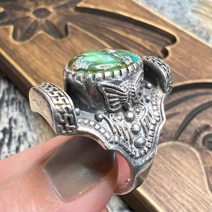 Stunning Sterling Silver Tibetan Green Turquoise Moth / Butterfly Saddle Ring Size Q