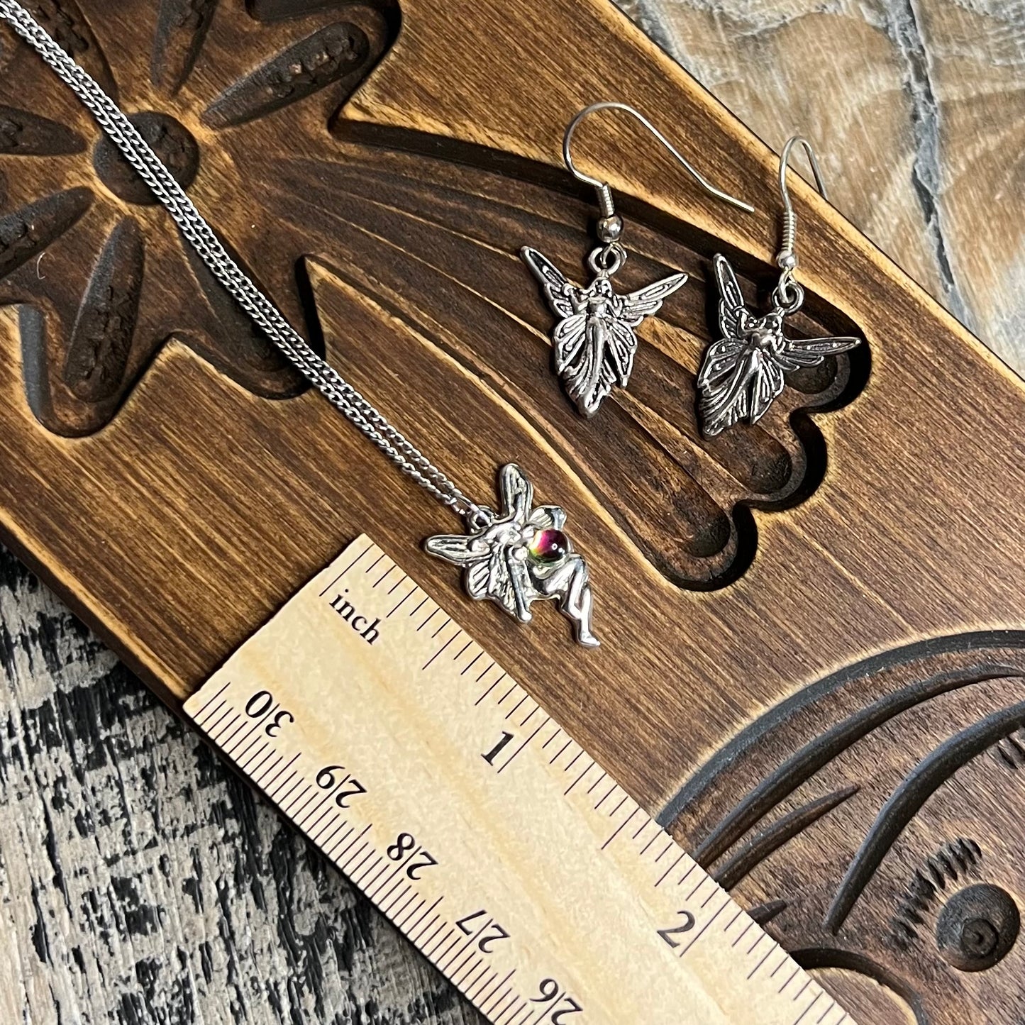 Whimsy 90s Fairy Silver Tone Pendant Necklace and Earrings Set