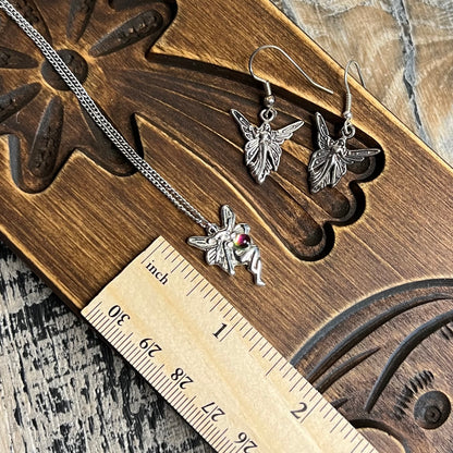 Whimsy 90s Fairy Silver Tone Pendant Necklace and Earrings Set