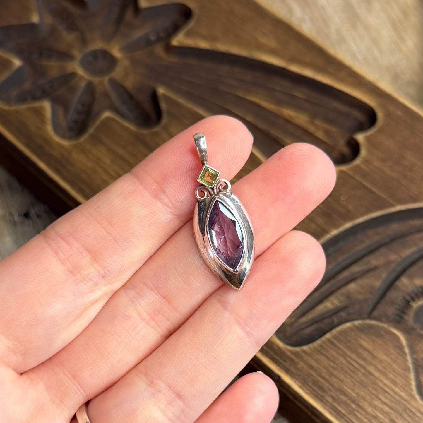 Dreamy Sterling Silver Ornate Amethyst and Peridot Pendant