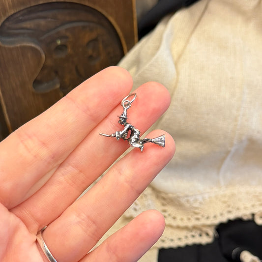 Spooky Sterling Highly Detailed Silver Witch Flying on a Broom Pendant