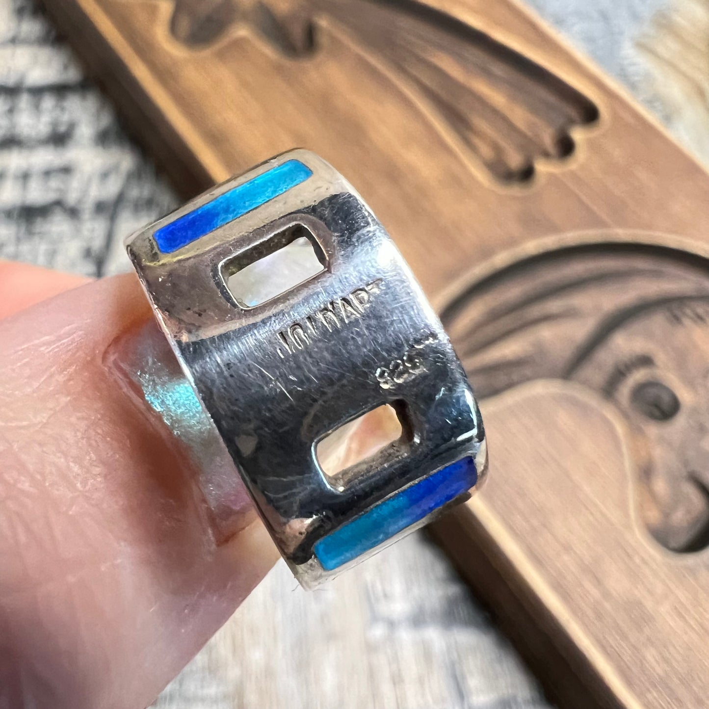 Joidart Sterling Silver Modernist Ombre Blue Enamel Cut Out Band Ring Size K