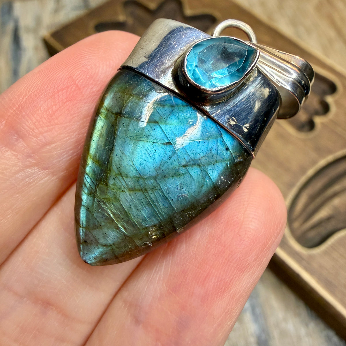 Whimsy Sterling Silver Flashy Labradorite Blue Topaz Drop Pendant