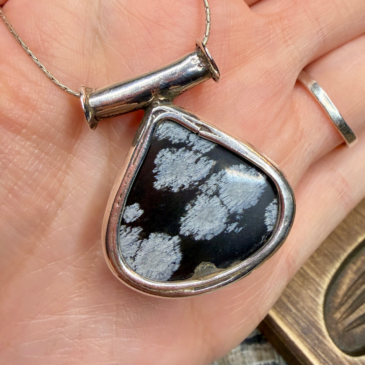 Chunky Sterling Silver Snowflake Obsidian Pendant Necklace