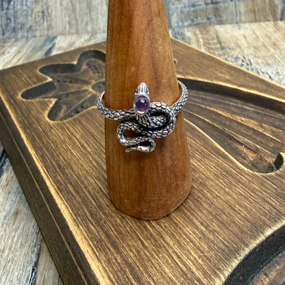 Dreamy Sterling Silver Amethyst Head Serpent Snake Ring size T