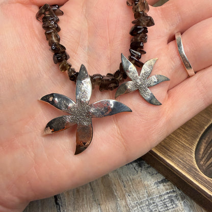 Whimsy Sterling Silver Designer Abstract Flower Smoky Quartz Strand Necklace