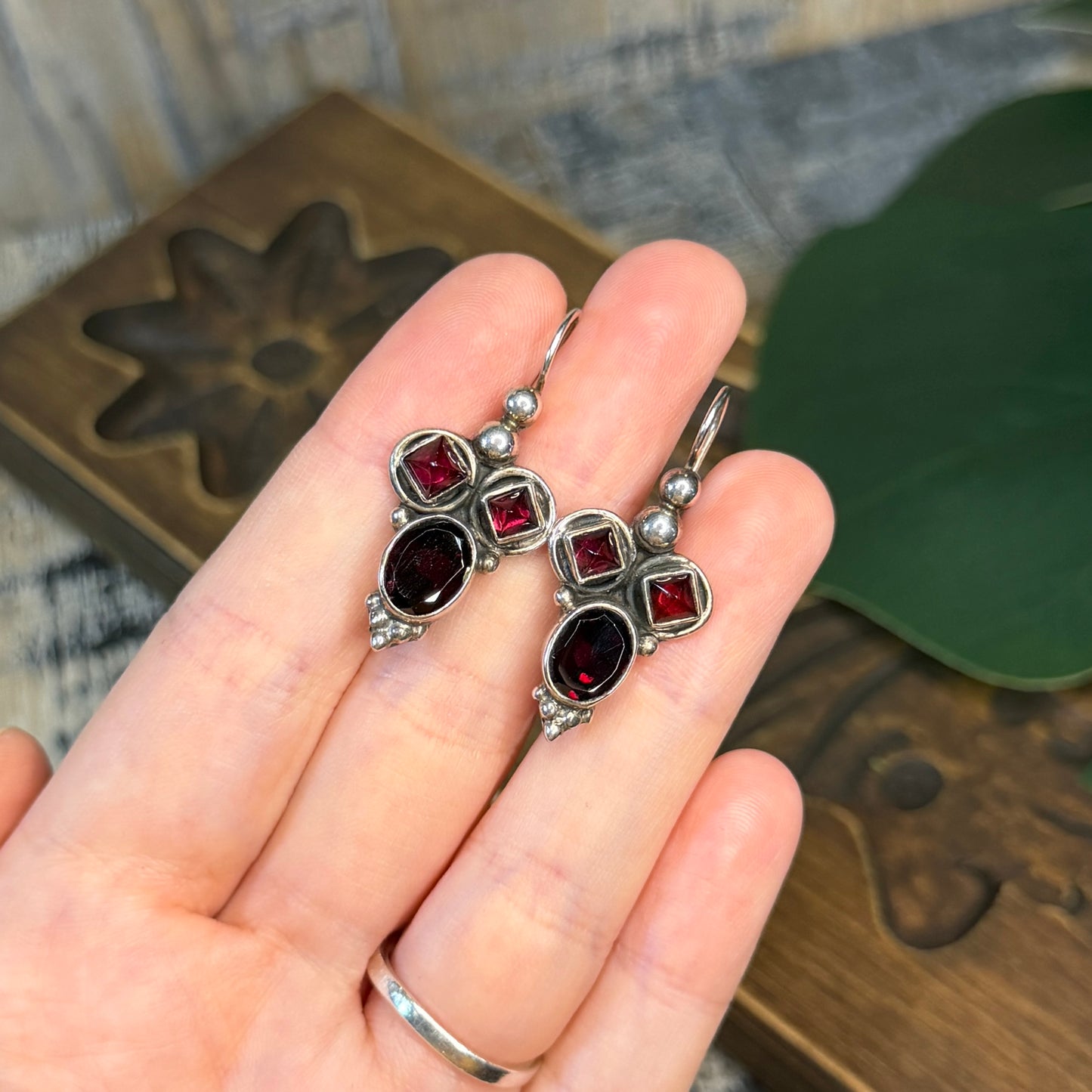 Gothic Architecture Style Sterling Silver Garnet Earrings