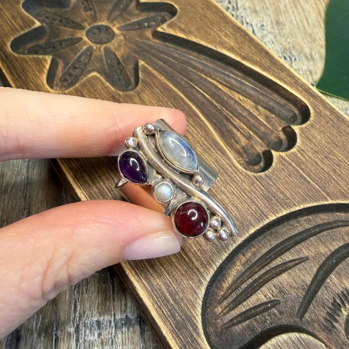 Whimsy Sterling Silver Chunky Multi Gemstone Adjustable Ring size P